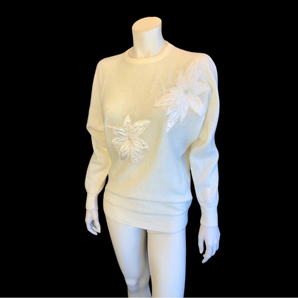80s Cream POINSETTA Dolman Sleeve Beaded Sweater / M L - Picture 7 of 9